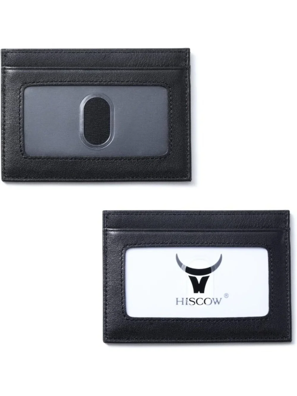 Slim Full Grain Leather Card Holder with ID Window - Stylish Black Wallet for